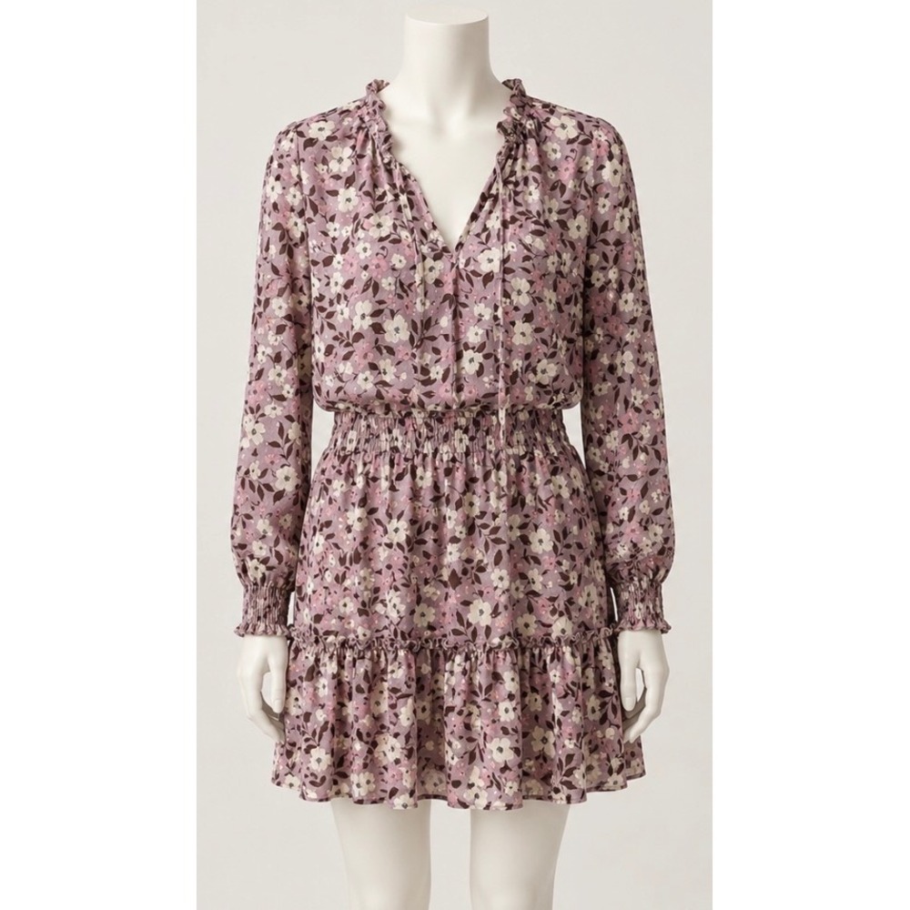 Allison & Kelly Mauve Floral Clip Dot Smocked Mini Dress Long Sleeve V-Neck L